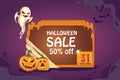 Halloween Sale Promotion Poster with pumpkins,cobwebs,ghosts. on Purple background. Fulls, bones, witch hats. on Purple backgrou