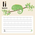 I, iguana, Alphabet tracing worksheet for preschool and kindergarten to improve basic writing skills, vector, illustration