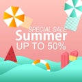Special sale summer half price poster promotion with paper cut beach concept Royalty Free Stock Photo