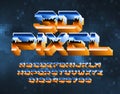 3D Pixel alphabet font. Metallic effect letters and numbers. Abstract pixel background. Royalty Free Stock Photo