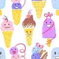 Seamless Kawaii Ice Creams Pattern, Cute Character Ice Creams Illustration, Vector EPS 10.