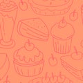 Seamless Cherry Cakes Doodle Pattern, Vector Illustration EPS 10. Royalty Free Stock Photo