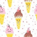Cute Cones Ice Cream Pattern, Cute Character Ice Cream Illustration, Seamless Pattern, Vector EPS 10. Royalty Free Stock Photo