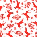 Seamless Deer, Snow and Trees Red Color Pattern. Vector Art EPS 10. Royalty Free Stock Photo