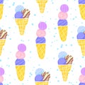 Seamless Ice Cream Cones Pattern, Kawaii Ice Cream Illustration, Vector EPS 10.