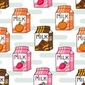 Seamless Milk Carton Pattern, Three Flavors Milk Illustration, Vector Illustration EPS 10. Royalty Free Stock Photo