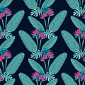 Seamless Monstera Leaves and Bird of Paradise Flower Pattern Blue Navy Background, Vector Illustration EPS 10. Royalty Free Stock Photo