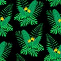 Seamless Monstera, Palm and Bird of Paradise Flowers Pattern Vector Illustration EPS 10. Royalty Free Stock Photo