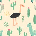 Seamless Ostrich Bird, Llamas Animal And Cactus Pattern, Vector Illustration EPS 10.