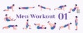 Workout men set. Men doing fitness and yoga exercises. Lunges, Pushups, Squats, Dumbbell rows, Burpees, Side planks, Situps, Glute