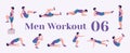 Workout men set. Men doing fitness and yoga exercises. Lunges, Pushups, Squats, Dumbbell rows, Burpees, Side planks, Situps, Glute