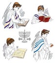 Hand drawing sketches with jewish boys.