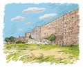 Hand drawing Jerusalem   old city wall and  king David tower. Royalty Free Stock Photo