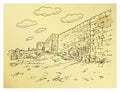 Hand drawing Jerusalem   old city wall and  king David tower. Royalty Free Stock Photo