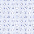 Teapots and muffins hand drawn pattern. Monochrome colors.