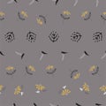 Yellow popping seamless vector pattern repeat of cosmos floral motifs with abstract botanical motifs on a grey background. Based o