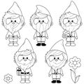 Garden gnomes collection. Vector black and white coloring book page