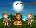 The safari kids with lion at nature