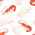 Red cartoon shrimps seamless pattern. Seafood background.