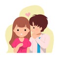 Office man whisper to a woman. Lovey dovey dating couple. Sharing happy news. Telling a secret.