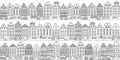 Vector seamless pattern with townhouses in European style. Hand drawn houses black on white.