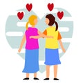 2 female are hugging. Flat Cartoon Vector Illustration. Lesbian, LGBT concept.