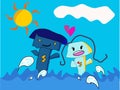 Two lovers in the sea with sky and sun. Vector flat cartoon illustration