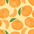 Mandarins or tangerines seamless pattern. Orange citrus and green leaves, peeled fruits and slices.