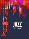 Jazz music festival poster with piano keyboard and trumpet vector illustration design. Music background with music instruments, li