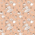 Sweets, teapots and bakery hand drawn pattern.