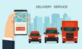 Delivery service app on smartphone. Cargo vans and truck. Tracking an order using his smartphone. Abstract cityscape in the backgr