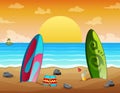 Summer holiday sunset beach scene with surfboards on sand