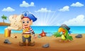 Cartoon pirate kid and parrot looking for a map Royalty Free Stock Photo