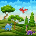 Dinosaurs living in the green landscape