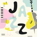 Jazz music typographic colorful background with violoncello, drum and piano keys vector illustration. Geometric music festival pos
