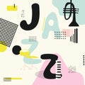 Jazz music typographic colorful background with trumpet, drum and piano keys vector illustration. Geometric music festival poster, Royalty Free Stock Photo