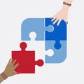 Women hands putting jigsaw puzzle pieces together. Female teamwork concept vector.