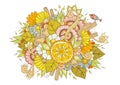 Beautiful, bright vector illustration with flowers of yellow, pink and blue flowers and with a small bird. A pattern for embroider Royalty Free Stock Photo