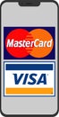 Mobile phone front view with master and visa logos