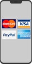 Mobile phone front view display with payment gateway logos