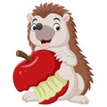 Cartoon little hedgehog holding bitten red apple Royalty Free Stock Photo