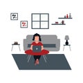 A woman casually work for home using laptop - a man casually watching television at home - flat illustrations Royalty Free Stock Photo