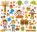 Autumn clipart set with kids and animals Royalty Free Stock Photo