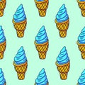 Blue Ice Cream Cone Seamless Pattern, Kawaii Doodle Ice Cream Illustration, Vector EPS 10. Royalty Free Stock Photo