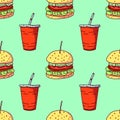 Fast Food Illustration, Hamburger And Cola Illustration, Seamless Pattern, Vector Illustration EPS 10.