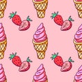 Pink Cone Ice Creams Seamless Pattern, Kawaii Doodle Ice Cream Illustration, Vector EPS 10.