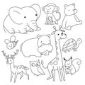 Vector linear drawing, set of cute children`s illustrations animals. Royalty Free Stock Photo