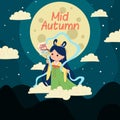 Mid Autumn Festival princess flying in the sky. Moon and cloud oriental style. Flat vector background template.