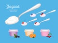 White yogurt in metal spoon, yoghurts with different berries in spoons and plastic containers