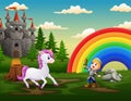 Little knight fights a unicorn in the castle yard